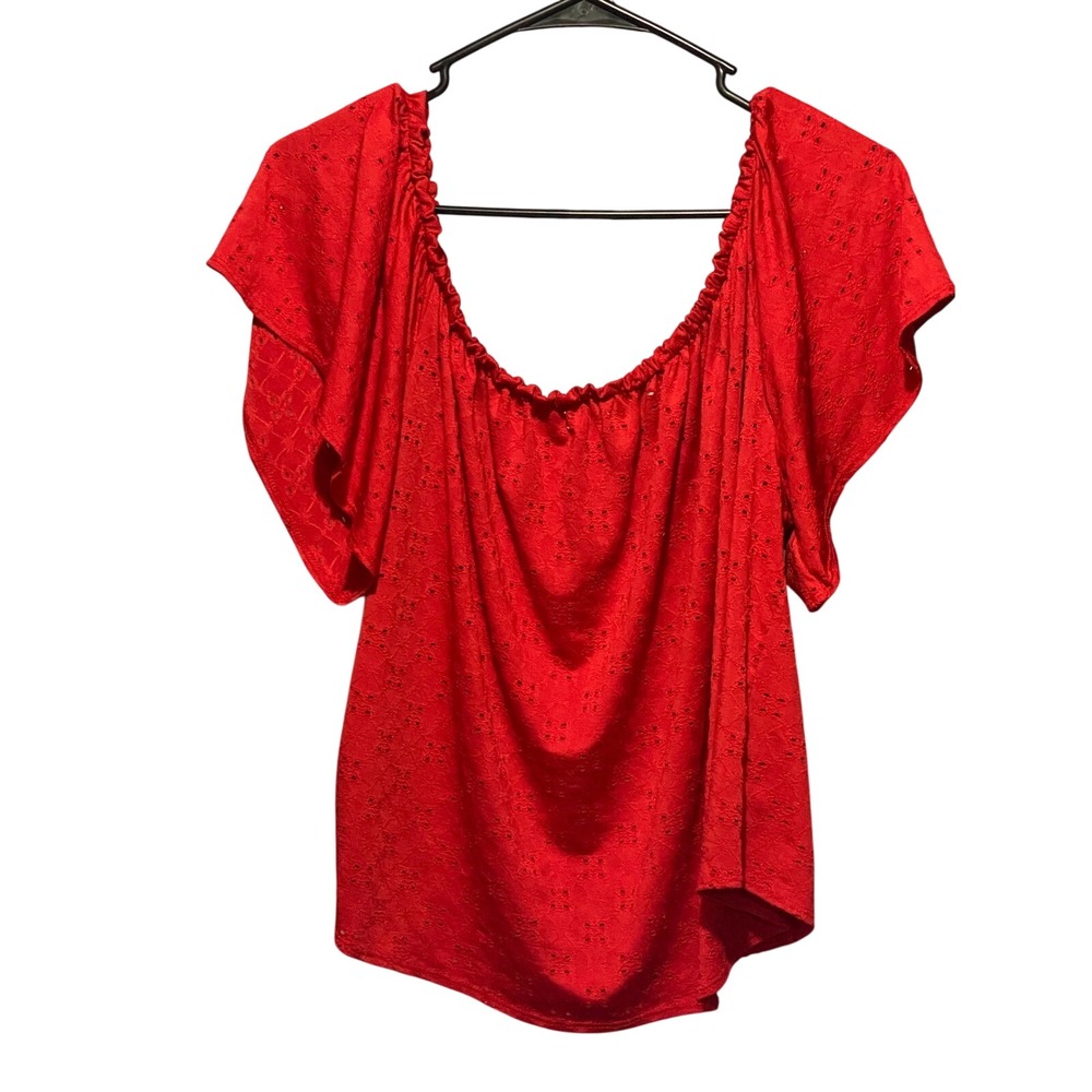 MOD Red Eyelet Off Shoulder‎ Blouse Flutter Sleeve Top Womens Large Made in USA